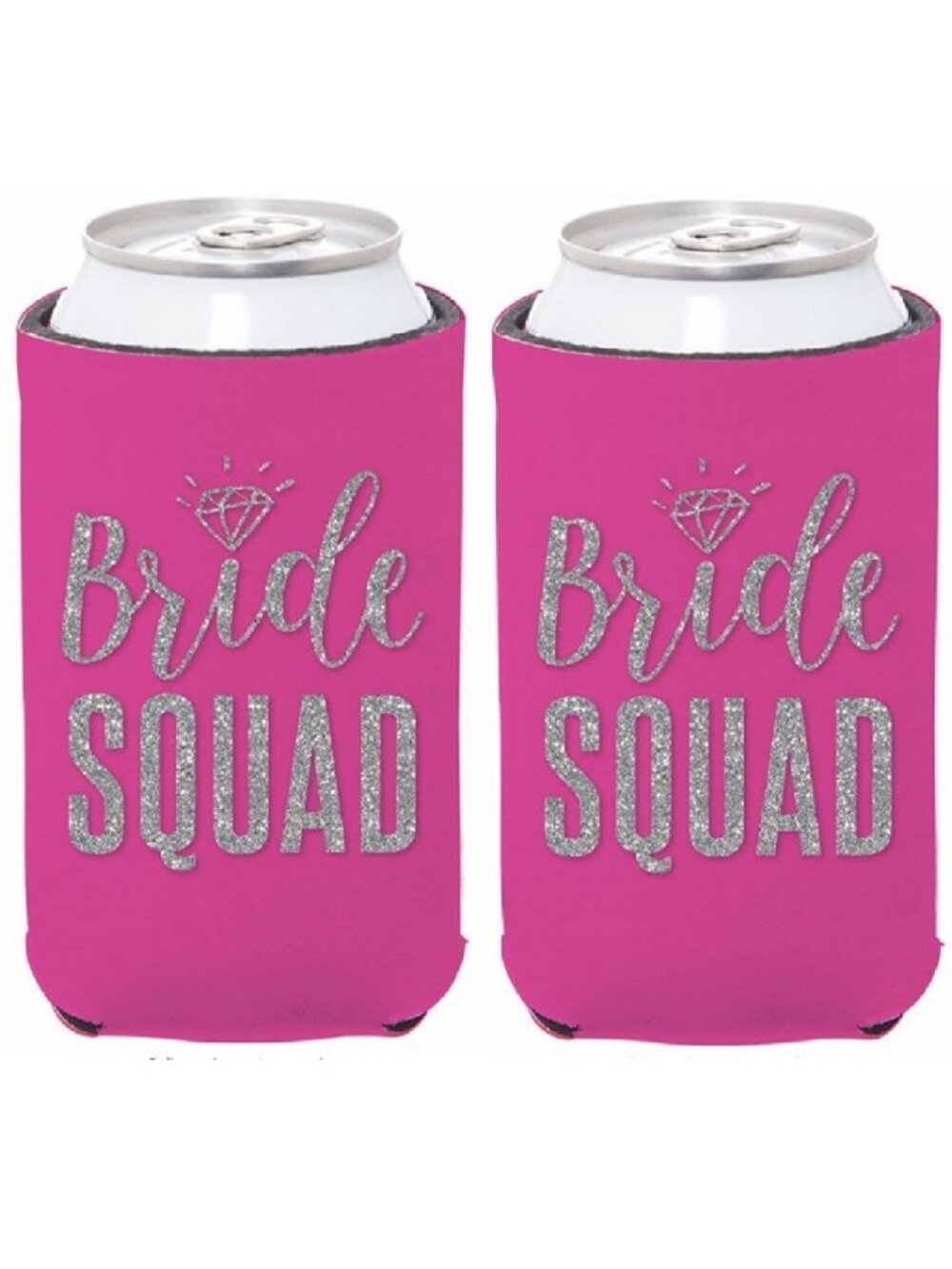 Bride Squad Set of Two Pink Can Koozies Coolies w Glittery Bling Weddings